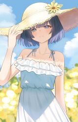 07nono06 1girl absurdres bare_arms blunt_bangs blurry blurry_background blush collarbone commentary dress flower gakuen_idolmaster hat hat_flower hataya_misuzu highres idolmaster mole mole_under_mouth outdoors purple_hair short_hair sleeveless sleeveless_dress smile solo straw_hat white_dress