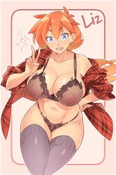 1girl afterimage blush body_freckles borrowed_character breasts collarbone earrings elizabeth_gardner freckles highres jewelry lace lace-trimmed_legwear lace_trim large_breasts lips long_hair mature_female off-shoulder off-shoulder_sweater off_shoulder orange_hair original purple_thighhighs ribbed_sweater short_eyebrows sweater thighhighs x-t3al