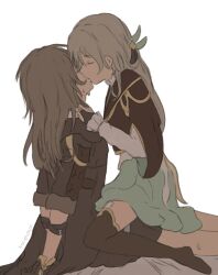 2girls aqua_dress artist_name black_coat black_gloves black_hairband black_jacket black_ribbon black_skirt black_thighhighs bound closed_eyes coat commentary dress english_commentary fingerless_gloves firefly_(honkai:_star_rail) french_kiss gloves gold_ring grey_hair hair_between_eyes hair_ornament hair_ribbon hairband honkai:_star_rail honkai_(series) jacket kiss korshokor leaf_hair_ornament long_hair long_sleeves multiple_girls no_shoes puffy_long_sleeves puffy_sleeves ribbon sailor_collar simple_background sitting sitting_on_person skirt stelle_(honkai:_star_rail) sweat thighhighs tied_up_(nonsexual) trailblazer_(honkai:_star_rail) two-tone_dress white_background white_dress yuri