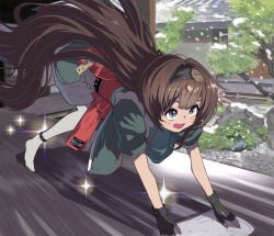 1girl all_fours apron architecture black_gloves black_headband brown_hair cleaning cloth commentary_request east_asian_architecture fingerless_gloves frilled_apron frills full_body gloves goddess_of_victory:_nikke green_kimono grey_eyes hair_between_eyes headband holding holding_towel indoors japanese_clothes kimono long_hair mica_(nikke) mica_(snow_buddy)_(nikke) obi official_alternate_costume open_mouth pantyhose sash shadow short_sleeves sidelocks snowing solo sparkle syope towel tree very_long_hair white_pantyhose wiping