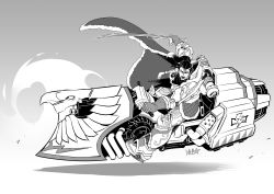 1girl akira_slide armor black_hair bolter braid cape fur_collar fur_trim genderswap genderswap_(mtf) hair_tubes highres holding holding_sword holding_weapon hover_bike jaghatai_khan looking_at_viewer monochrome open_mouth pauldrons ponytail power_armor ryuusei_(mark_ii) scar scar_on_face shoulder_armor signature solo sword tassel warhammer_40k weapon white_scars