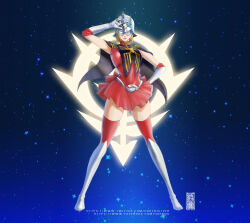 1boy artist_logo artist_name bishoujo_senshi_sailor_moon black_cape blonde_hair cape char_aznable commentary elbow_gloves english_commentary facebook_username full_body gloves gundam gundam_gquuuuuux hary_nugraha helmet highres logo looking_at_viewer mask miniskirt parody red_skirt sailor_senshi sailor_senshi_uniform short_hair skirt sky solo standing star_(sky) starry_sky twitter_username watermark web_address white_gloves zeon
