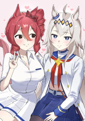 2girls absurdres animal_ears breasts drill_hair highres horse_ears horse_girl long_hair multiple_girls naki1017a norn_ace_(umamusume) oguri_cap_(umamusume) purple_eyes red_hair shirt side_drill skirt smile umamusume umamusume:_cinderella_gray v white_background white_hair white_shirt white_skirt