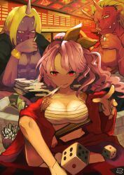 1girl 2boys absurdres blonde_hair breasts cleavage colored_skin dice earrings hand_fan high_ponytail highres indoors japanese_clothes jewelry kimono komakusa_sannyo looking_at_another looking_at_viewer maaru_(akira428) medium_breasts multiple_boys oni pointy_ears ponytail purple_hair purple_skin red_eyes red_kimono red_skin scar scar_on_face shoulder_tattoo smoking tattoo touhou wavy_hair wide_sleeves