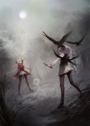 2girls bird black_footwear eye_contact fighting_stance grass hair_ribbon highres holding holding_knife knife long_hair looking_at_another moon multiple_girls night nyanfood original pantyhose pleated_skirt polearm purple_hair raven crow red_ribbon ribbon shoes short_hair skirt spear standing tree weapon white_hair white_skirt wings
