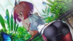 1girl ass back_slit bare_shoulders belt black_belt black_skirt blunt_bangs bob_cut bow bra_strap bra_visible_through_clothes breasts bug butterfly closed_mouth crossed_arms day dutch_angle from_behind game_cg garden hair_ornament hairband hairpin highres indoors insect joo_mi-ra light_blush light_particles looking_at_viewer looking_back medium_breasts miniskirt miracle_snack_shop mole mole_under_eye no_pupils non-web_source official_art orange_eyes orange_hair panty_straps pantyhose plant pov purple-framed_eyewear red_hairband red_pantyhose shadow shirt short_hair skirt sleeveless sleeveless_shirt solo standing strap_slip talesshop ukero white_shirt winged_hair_ornament winged_hairband