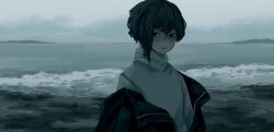 Rule 34 | 1girl, asymmetrical hair, beach, black eyes, black hair, black jacket, highres, horizon, jacket, looking at viewer, mole, mole under eye, off shoulder, original, outdoors, overcast, pale skin, sky, smile, solo, sweater, turtleneck, turtleneck sweater, upper body, water, white sweater, yoshiryuu