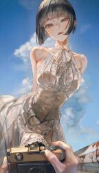 1boy 1girl absurdres arms_behind_back bare_shoulders black_eyes black_hair blue_sky breasts camera cloud commentary_request cumulonimbus_cloud day dress from_below highres holding holding_camera large_breasts looking_at_viewer original outdoors parted_lips pov short_hair sky sleeveless sleeveless_dress soleil_(soleilmtfbwy03) solo summer sweat white_dress