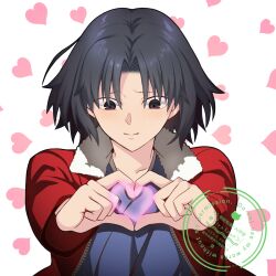 Rule 34 | 1girl, black eyes, black hair, blue kimono, blush, commentary request, heart, heart hands, highres, hirakawa, jacket, japanese clothes, kara no kyoukai, kimono, open clothes, open jacket, pink background, red jacket, ryougi shiki, short hair, simple background, solo, upper body, watermark