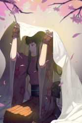 00s 1girl blurry club3 depth_of_field female_focus highres japanese_clothes kimono petals sakura_taisen seiza shinguuji_sakura sitting solo