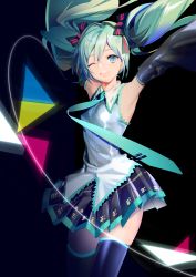 1girl absurdres aqua_eyes armpits black_background blush detached_sleeves female_focus hair_ribbon hatsune_miku highres long_hair one_eye_closed ribbon skindentation skirt smile solo thighhighs thighs twintails vocaloid wide_sleeves yyb zettai_ryouiki