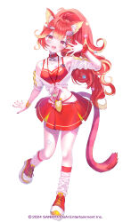 Rule 34 | 1girl, :d, absurdres, ahoge, animal ear fluff, animal ears, bare shoulders, blonde hair, blush, camisole, cat ears, cat girl, cat tail, choker, collarbone, commentary request, copyright notice, cropped shirt, fang, full body, hair ornament, highres, kappe reeka, looking at viewer, loose socks, multicolored hair, nail polish, nyamaharu eru, nyantasia, off shoulder, official art, open mouth, polka dot, polka dot scrunchie, ponytail, red camisole, red choker, red eyes, red hair, red nails, red scrunchie, red shoes, red skirt, scrunchie, shirt, shoes, short sleeves, simple background, skirt, smile, sneakers, socks, solo, standing, standing on one leg, star (symbol), star hair ornament, streaked hair, tail, virtual youtuber, white background, white shirt, white socks, wrist scrunchie