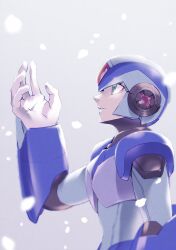 Rule 34 | 1boy, android, armor, blue armor, blue helmet, forehead jewel, fujino yuuki, green eyes, grey background, helmet, highres, looking up, male focus, mega man (series), mega man x (series), simple background, solo, upper body, x (mega man)