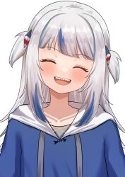 1girl absurdres blue_hair blunt_bangs blush closed_eyes collarbone gawr_gura gawr_gura_(1st_costume) hair_ornament hairclip highres hololive hololive_english hood hoodie multicolored_hair open_mouth shark_girl sharkudon sharp_teeth smile solo streaked_hair teeth two_side_up virtual_youtuber