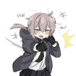 +++ 1girl :d ^^^ black_gloves black_necktie black_skirt blush_stickers clenched_hands girls&#039;_frontline gloves grey_hair grey_jacket hair_between_eyes half-closed_eyes highres hood hood_down hooded_jacket jacket long_sleeves looking_at_viewer m200_(girls&#039;_frontline) necktie open_clothes open_jacket open_mouth pleated_skirt puffy_long_sleeves puffy_sleeves punching purple_eyes shirt simple_background skirt smart_oval smile solo white_background white_shirt