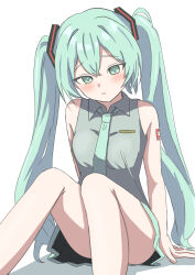 1girl absurdres aqua_eyes aqua_hair bare_legs bare_shoulders breasts hatsune_miku highres long_hair medium_breasts on_floor shirt simple_background sitting skirt solo thighs twintails user_jatp4382 very_long_hair vocaloid white_background
