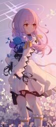 Rule 34 | 1girl, absurdres, atsuko (blue archive), blue archive, blue flower, blue rose, commentary request, dress, feet out of frame, field, flower, flower field, halo, highres, holding, holding flower, long hair, long sleeves, looking to the side, low twintails, pink hair, purple flower, purple halo, purple rose, red eyes, rose, shinba233, socks, solo, twintails, white dress, white socks