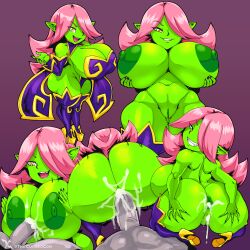 Rule 34 | 1boy, 1girl, ass, breasts, colored skin, dart (thecon), detached sleeves, fangs, full body, goblin, grabbing own ass, green skin, high heels, huge ass, huge breasts, kneeling, large areolae, looking back, navel, nipples, one eye covered, open mouth, paizuri, pink hair, pointy ears, purple background, pussy, sex, smile, teeth, thecon, thighhighs, vaginal