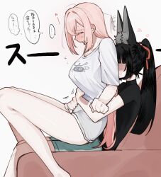 Rule 34 | 2girls, alternate costume, alternate hairstyle, animal ear fluff, animal ears, arms around waist, black hair, black skirt, blush, breasts, fox ears, fox girl, hair between eyes, hashtag-only commentary, highres, holding another&#039;s waist, hoshimi miyabi, large breasts, long hair, multiple girls, pink hair, ponytail, short sleeves, sidelocks, sitting, skirt, speech bubble, translation request, tsukishiro yanagi, white background, yunomi (yunomi1129), yuri, zenless zone zero