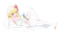 1girl absurdres artist_request blonde_hair blue_eyes blush bow braid breasts bridal_veil closed_mouth commission cookie_(touhou) dress elbow_gloves full_body gloves hair_between_eyes hair_bow high_heels highres kirisame_marisa looking_at_viewer lying medium_breasts meguru_(cookie) on_back pink_bow second-party_source shoe_dangle shoes short_hair side_braid simple_background single_braid smile solo thighhighs touhou veil wedding_dress white_background white_dress white_gloves white_shoes white_thighhighs