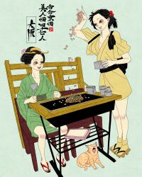 2girls absurdres artist_logo black_hair black_sash cat commentary english_commentary food full_body geta green_kimono green_sash hair_bobbles hair_ornament hair_stick highres japanese_clothes kimono logo multiple_girls obi original osaka_prefecture sandals sash sei5osuzuki sitting standing steak tabi yellow_kimono