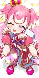 1girl ;p animal_hands blush bow brooch crown cure_wonderful dress heart heart_brooch highres jewelry kneehighs long_hair mo_(boo1719501boo) multicolored_hair one_eye_closed pink_dress pink_eyes pink_hair pink_shoes precure puffy_sleeves purple_bow shoes socks tongue tongue_out two-tone_hair white_sleeves wonderful_precure!