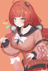 1girl absurdres ahoge black_choker black_sailor_collar black_skirt bow breasts cable candy cardigan chest_bow choker commentary_request cowboy_shot food green_eyes grin hair_ornament heart highres long_hair long_sleeves looking_at_viewer orange_background partial_commentary pink_cardigan pleated_skirt red_hair sailor_collar simple_background skirt smile solo sphere_hair_ornament twitter_username ukinami_yuzuha user_zdnt8555 white_bow wrapped_candy zenless_zone_zero