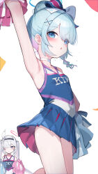 Rule 34 | 2girls, :o, absurdres, arm up, armpit crease, armpits, arona (blue archive), black hairband, blue archive, blue eyes, blue hair, blue halo, blue ribbon, blue skirt, braid, breasts, cheerleader, from below, grey eyes, grey hair, hair ornament, hair over one eye, hair ribbon, hairband, halo, highres, long hair, looking at viewer, looking down, looking to the side, multicolored hair, multiple girls, official alternate costume, open mouth, pink hair, plana (blue archive), pom pom (cheerleading), red halo, ribbon, simple background, single braid, skirt, sleeveless, small breasts, somray, sweat, sweatdrop, sweaty clothes, thighs, twintails, two-tone hair, very sweaty, white background, x hair ornament
