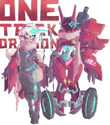 2girls absurdres android breasts ! gynoid highres looking_at_viewer mecha_girl medium_breasts multiple_girls original robot robot_girl scarf sign wheel white_hair