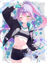 1girl adapted_costume arm_up black_jacket black_shorts black_sports_bra blush breasts closed_mouth cowboy_shot demon_tail denim denim_shorts earrings green_eyes hand_wraps high_ponytail highres hololive hood hood_down hooded_jacket jacket jewelry long_hair looking_at_viewer midriff multicolored_hair navel one_eye_closed open_clothes open_jacket pink_hair ponytail purple_hair shorts small_breasts solo sports_bra sweat tail tattoo tokoyami_towa tokoyami_towa_(cyberpunk) two-tone_hair very_long_hair virtual_youtuber yuzuriha_(nx_e78)