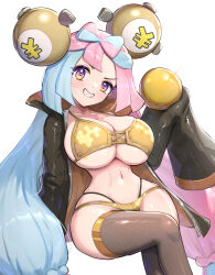 1girl absurdres alternate_costume bikini black_jacket blue_hair blush bow-shaped_hair breasts character_hair_ornament creatures_(company) fake_hair_bun full_body game_freak gold_bikini gonzarez hair_ornament highres iono_(pokemon) jacket large_breasts long_hair long_sleeves looking_at_viewer multicolored_hair nintendo nugget_(pokemon) open_clothes open_jacket pink_hair pokemon pokemon_sv sharp_teeth simple_background sleeves_past_fingers sleeves_past_wrists smile solo split-color_hair swimsuit teeth thighhighs two-tone_hair white_background