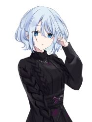 1girl black_sweater blue_eyes blue_hair eyes_visible_through_hair hair_between_eyes highres jewelry long_sleeves looking_at_viewer necklace parted_lips project_sekai rua_a short_hair simple_background solo sweater white_background yoisaki_kanade