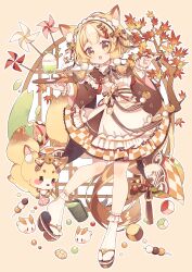 1girl :o animal_ear_fluff animal_ears apron bell blush brown_dress brown_sandals collared_dress commentary contrast_collar cup dango dress drinking_glass food fox fox_ears fox_girl fox_tail frilled_apron frilled_dress frilled_socks frills full_body hair_bell hair_ornament hair_ribbon holding holding_spoon holding_tray hyou_(pixiv3677917) jingle_bell long_sleeves looking_at_viewer low_twintails maid maid_headdress medium_hair multicolored_hair okobo open_mouth original outline platform_sandals red_ribbon ribbon sandals short_twintails signature socks solo spoon standing symbol-only_commentary tabi tail tray twintails two-tone_hair wagashi white_apron white_outline white_socks wide_sleeves yellow_background yellow_eyes