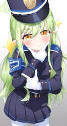 Rule 34 | 1girl, :3, :t, armband, blue archive, blue armband, blue hat, blue jacket, blue skirt, blush, cowboy shot, demon tail, double finger gun, duplicate, finger gun, gradient background, green hair, halo, hat, highres, hikari (blue archive), jacket, long hair, looking at viewer, pantyhose, pleated skirt, pointy ears, simple background, skirt, solo, sparkle, tail, thinking, u9ffo, very long hair, white background, white pantyhose, yellow eyes