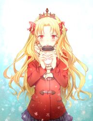 Rule 34 | 1girl, black tiara, blonde hair, blue background, blue skirt, bow, chinese commentary, coat, commentary request, confeitoo, cowboy shot, cup, disposable cup, dot nose, drink, ereshkigal (fate), eyelashes, fate/grand order, fate (series), gradient background, hair bow, highres, holding, holding drink, light blush, long hair, long sleeves, looking at viewer, miniskirt, open mouth, parted bangs, plaid clothes, plaid scarf, plaid skirt, pleated skirt, red bow, red coat, red eyes, scarf, skirt, snowflakes, snowing, solo, straight-on, tiara, two side up, very long hair, white background, white scarf, winter clothes