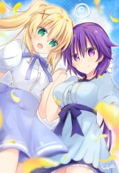 2girls :d blonde_hair blue_dress blue_skirt blurry blush bow breasts closed_mouth commentary_request cowboy_shot day depth_of_field dress episode_number eyes_visible_through_hair falling_petals from_below green_eyes hair_between_eyes hair_bow hair_intakes hair_ornament hand_up happy high-waist_skirt highres holding_hands interlocked_fingers large_breasts long_hair looking_at_viewer looking_down low_ponytail mizuori_shizuku multiple_girls official_alternate_costume open_mouth outdoors petals ponytail purple_eyes purple_hair shirt short_sleeves sidelocks signature skirt small_breasts smile speech_bubble split_mouth summer_pockets tsumugi_wenders twintails ura_(ura-tennislove) white_bow white_shirt x_hair_ornament