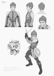1boy alternate_costume armor belt boot_straps boots buttons chainmail character_name closed_mouth commentary copyright_name fighting_stance gen_8_pokemon gloves greyscale grin grookey highres holding holding_sword holding_weapon hop_(pokemon) kazuko_(towa) legs_apart male_focus monochrome multiple_views nintendo pokemon pokemon_(creature) pokemon_swsh pouch shield short_hair shoulder_armor simple_background smile standing stick studs sword teeth weapon white_background