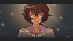 1boy bandaged_neck bandages blurry blurry_background brown_hair bungou_stray_dogs closed_eyes coat crossed_bangs crying dazai_osamu_(bungou_stray_dogs) double-parted_bangs english_text grey_coat highres male_focus open_mouth own_hands_together pikpip praying solo sweatdrop upper_body