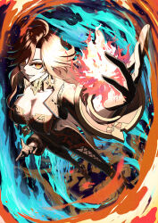 1girl absurdres biker_clothes bikesuit black_bodysuit blonde_hair bodysuit breasts cleavage closed_mouth collarbone ear_piercing earrings fire full_body genshin_impact gold_choker highres jewelry large_breasts long_hair looking_at_viewer marui8800 mavuika_(genshin_impact) piercing red_eyes red_hair smile solo standing teeth very_long_hair yellow_eyes