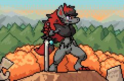 1other alternate_eye_color animal_ears animal_feet animated animated_gif arm_at_side beads black_fur black_hair blinking body_fur claws closed_mouth colored_tips day forest full_body furry gen_5_pokemon gradient_sky grey_fur hair_beads hair_ornament hand_up happy holding holding_sword holding_weapon legs legs_apart long_hair looking_to_the_side looping_animation low-tied_long_hair mountain multicolored_hair nature neck_fur nintendo other_focus outdoors pixel_art planted planted_sword planted_weapon pokemon pokemon_(creature) purple_eyes red_hair sideways_mouth sky smile snout solo standing sunrise sword tree two-tone_fur two-tone_hair very_long_hair weapon wind wisgarus wolf_ears zoroark
