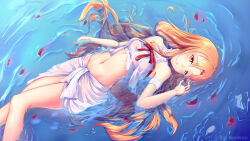1girl absurdres armband artist_name asuna_(sao) bare_shoulders commentary crop_top feet_out_of_frame hand_up highres long_hair looking_at_viewer lying maoao midriff navel on_back orange_eyes orange_hair parted_lips partially_submerged red_petals red_ribbon ribbon skirt sleeveless solo sword_art_online titania_(sao) water wet wet_clothes white_skirt