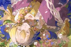 1girl absurdres arknights bare_shoulders blonde_hair blue_flower blue_hair blurry chinese_commentary choker colored_extremities commentary_request day dragon_girl dragon_horns flower flower_on_mouth frills green_eyes grey_hair highres horns long_hair looking_at_viewer lying making-of_available multicolored_hair off_shoulder official_alternate_costume on_back outdoors partial_commentary pink_flower pointy_ears shenbeining79537 shu_(arknights) shu_(spring_feast)_(arknights) solo sparkle upper_body upside-down white_flower yellow_choker