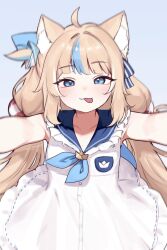 1girl :3 ahoge animal_ears blue_background blue_eyes blue_hair blue_neckerchief blue_ribbon blue_sailor_collar brown_hair cat_girl closed_mouth collarbone commentary dress english_commentary hair_ribbon highres indie_virtual_youtuber lifebuoy_hair_ornament looking_at_viewer multicolored_hair neckerchief outstretched_arms ribbon sailor_collar sameko_saba sky_above_me smile solo streaked_hair striped_ribbon tongue tongue_out twintails two-tone_hair virtual_youtuber white_dress