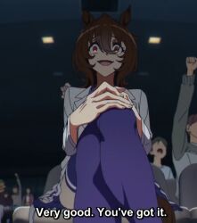 Rule 34 | 1girl, agnes tachyon (umamusume), animal ears, anime screenshot, chair, collared shirt, crazy eyes, crazy smile, crossed legs, dot nose, english text, female focus, hair between eyes, hands on knee, horse ears, horse girl, horse tail, kneehighs, long sleeves, looking at viewer, miniskirt, open mouth, pleated skirt, purple skirt, purple socks, purple thighhighs, shirt, sitting, skirt, smile, socks, solo, solo focus, subtitled, tail, thighhighs, umamusume, umamusume: beginning of a new era, white shirt, zettai ryouiki
