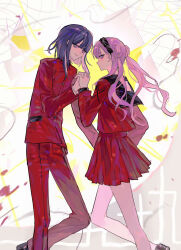 1boy 1girl black_hair black_sailor_collar brother_and_sister chinese_commentary closed_mouth commentary_request double_bun expressionless feet_out_of_frame gakuran hair_bun highres holding_hands imawanaene jacket long_hair long_sleeves pants pink_hair pleated_skirt purple_eyes red_jacket red_pants red_serafuku red_shirt red_skirt sailor_collar school_uniform serafuku shirt short_hair_with_long_locks siblings skirt smile the_hundred_line_-last_defense_academy- tsukumo_ima tsukumo_kako twins twintails