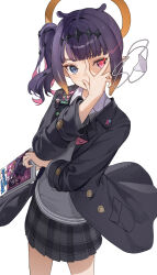 1girl absurdres ao-chan_(ninomae_ina&#039;nis) black_jacket blazer blue_eyes book cardigan choppy_bangs cowboy_shot crossed_arms eye_trail eyepatch grey_cardigan grey_skirt hair_ornament halo hand_over_eye heterochromia highres holding holding_book hololive hololive_english jacket lapel_pin light_trail looking_at_viewer medical_eyepatch ninomae_ina&#039;nis ninomae_ina&#039;nis_(school_uniform) oeuia orange_hair pink_eyes plaid_clothes plaid_skirt pleated_skirt purple_hair side_ponytail simple_background skirt solo takodachi_(ninomae_ina&#039;nis) tentacle_hair traditional_halo virtual_youtuber white_background wind wind_lift