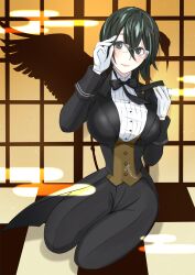 1girl absurdres adjusting_eyewear ayato_g90210 black_bow black_bowtie black_hair black_pants black_suit bow bowtie breasts butler buttons checkered_floor closed_mouth commentary commission cosplay crane_print crossdressing female_butler flipped_hair formal_clothes glasses gloves hair_between_eyes hands_up hein_(kof) hein_(kof)_(cosplay) highres iroha_(samurai_spirits) kneeling large_breasts looking_at_viewer pants pixiv_commission samurai_spirits smile snk solo suit tailcoat the_king_of_fighters the_king_of_fighters_xiv traditional_bowtie tuxedo upper_body vest waistcoat white_gloves