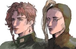 2boys black_hood blackmore blonde_hair closed_mouth coat earrings gakuran green_coat green_eyes jewelry jojo_no_kimyou_na_bouken kakyoin_noriaki lips long_hair meron_nouka multiple_boys red_hair school_uniform simple_background stardust_crusaders steel_ball_run upper_body white_background yellow_eyes