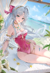 1girl absurdres ahoge aqua_eyes armpit_crease bare_shoulders blue_sky bow breasts carlotta_(splashing_summer)_(wuthering_waves) carlotta_(wuthering_waves) casual_one-piece_swimsuit collarbone commentary covered_navel day earrings hair_bow highleg highleg_one-piece_swimsuit highres jewelry long_hair looking_at_viewer medium_breasts off-shoulder_one-piece_swimsuit off_shoulder official_alternate_costume one-piece_swimsuit open_mouth parted_bangs pi_tayuko pink_bow pink_one-piece_swimsuit sitting sky smile solo striped_bow swimsuit thighs wet wuthering_waves