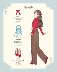 1girl animification bow brown_hair cinderella_(disney_movie) genderswap hair_ornament highres humanization jaq_(cinderella) lips long_hair long_sleeves looking_at_viewer meecosme ribbon shirt shoes simple_background smile solo solo_focus white_background